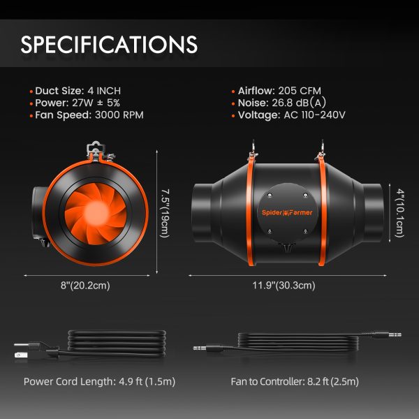 Spider Farmer 4'' Inline Fan Specification